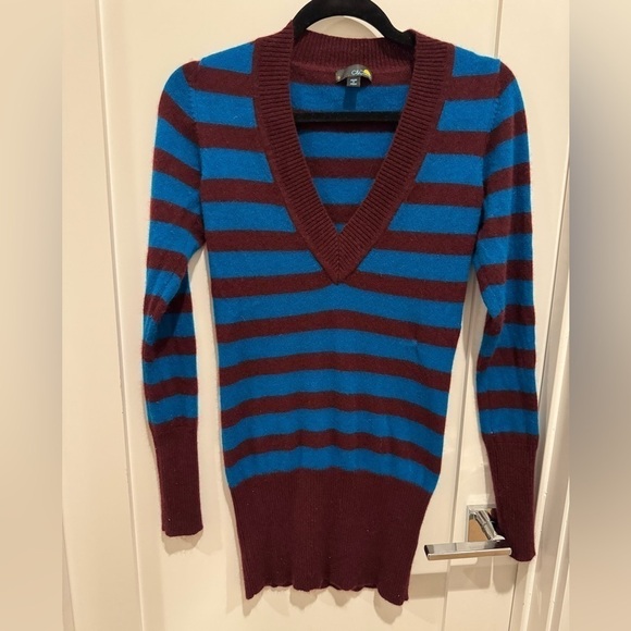 C&C California 2-Ply 100% Cashmere Knit Brown/Blue V-Neck Tunic Sweater Small - Picture 8 of 13